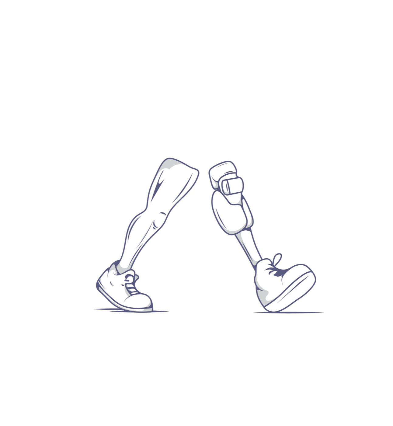 Line drawing of two legs mid-stride — one natural, one prosthetic — both wearing sneakers.