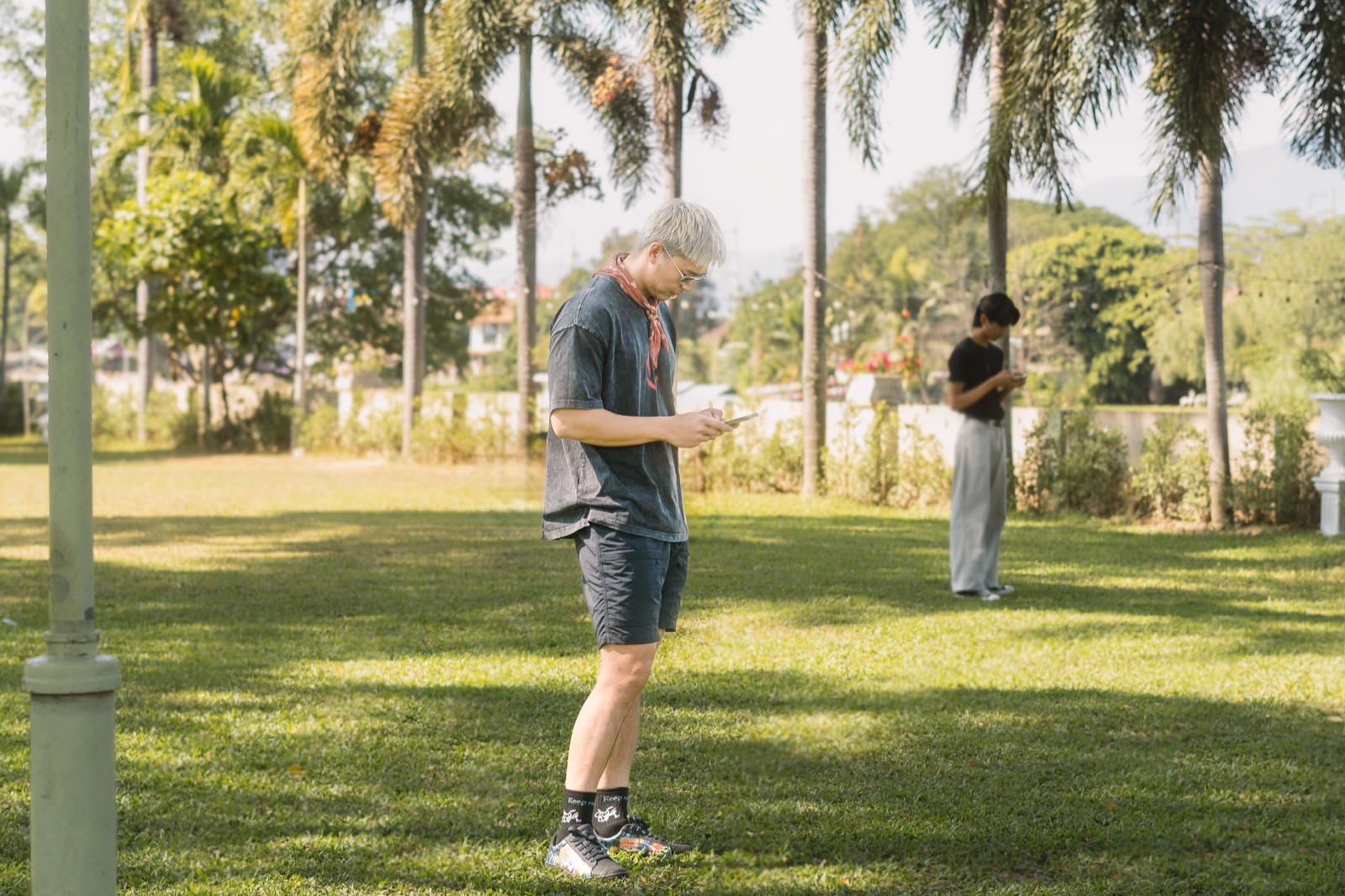 Two people standing on a lawn among palm trees checking their phones, wearing Keep Moving On socks.