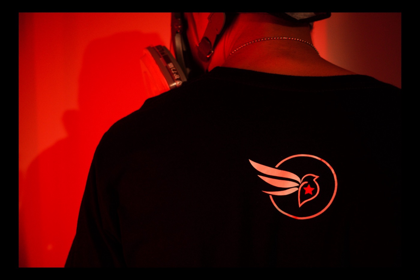 Back of a black tee with a winged bird and star logo, lit in red.