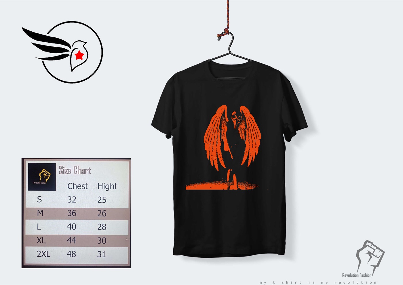 Black tee with an orange winged figure beside its size chart — Revolution Fashion line.