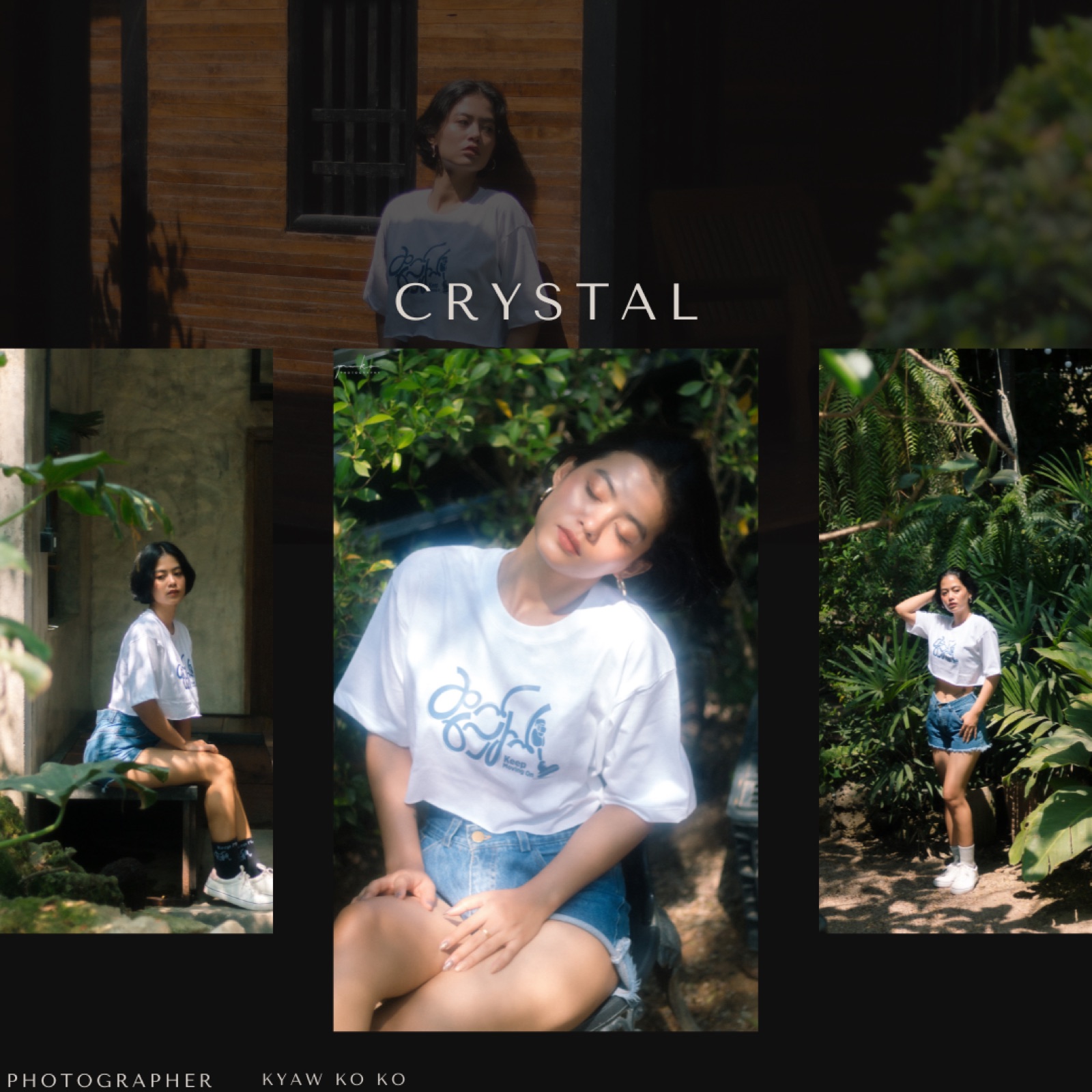 Campaign collage of a model wearing the white Keep Moving On tee in a garden.