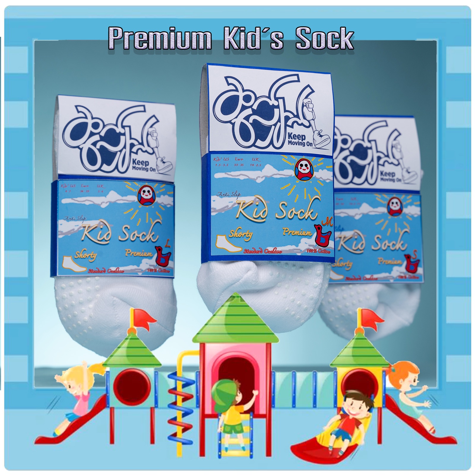 Infographic of kid's sock features on a blue background.