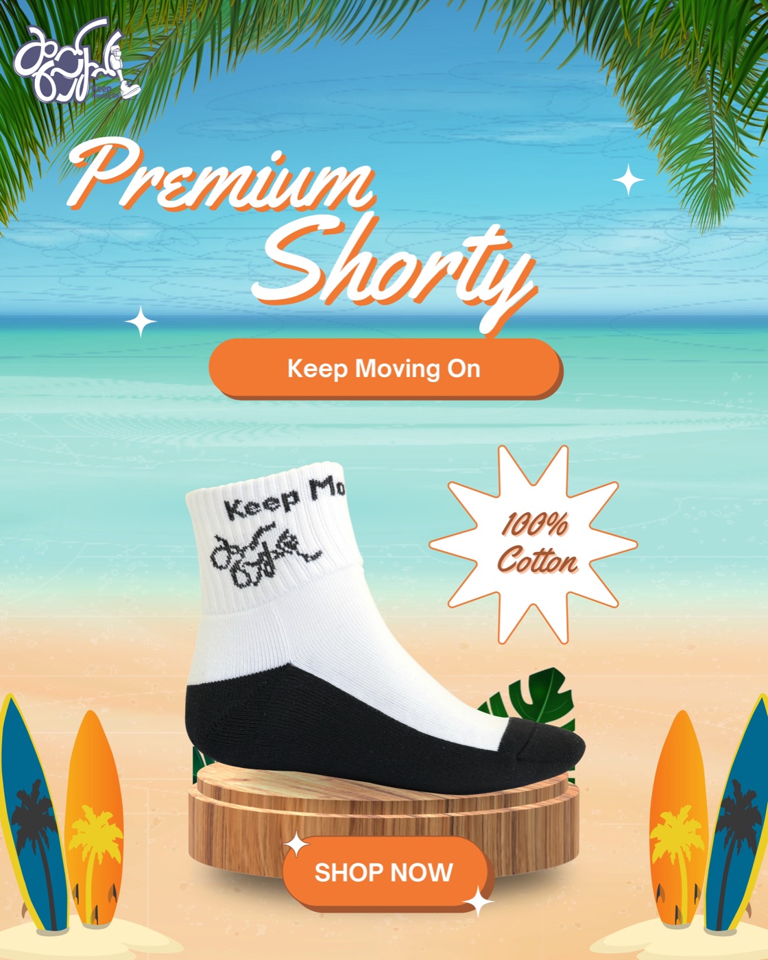 Summer poster: Premium Shorty sock on a wooden podium against a beach backdrop, 100% cotton.