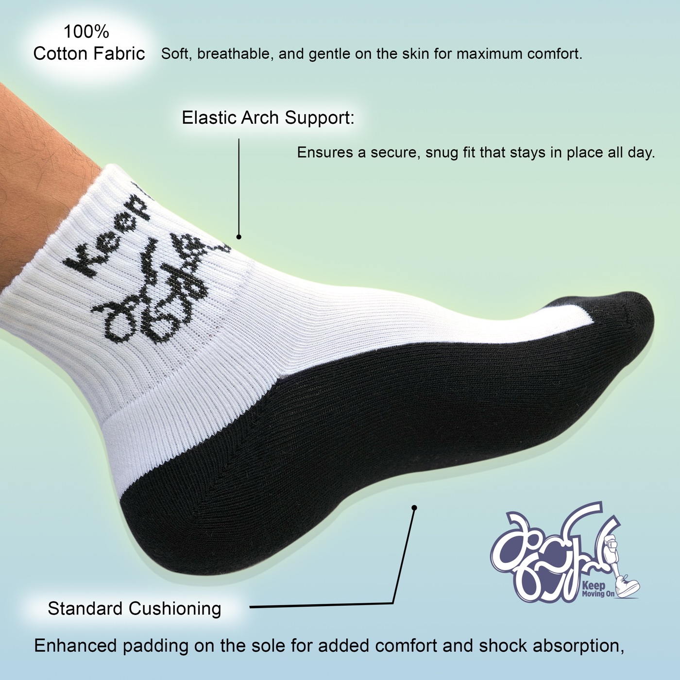 Diagram showing the elastic arch support of the sock.