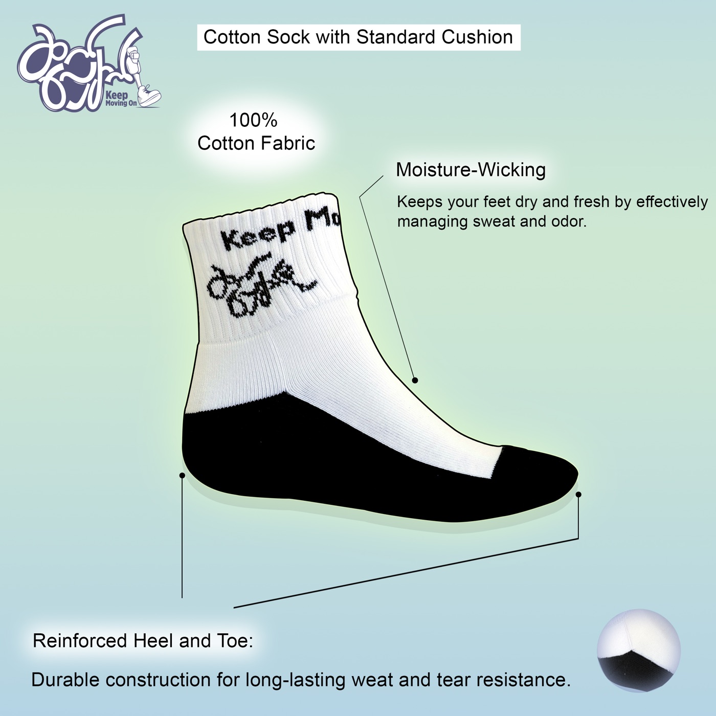 Diagram of the cotton sock showing standard cushion and reinforced heel and toe.